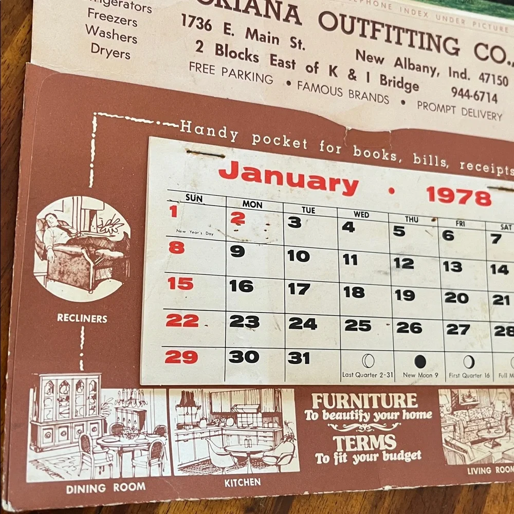 Vtg 1978 KENTUCKIANA OUTFITTING Co Ad Calendar New Albany, IN Ephemera